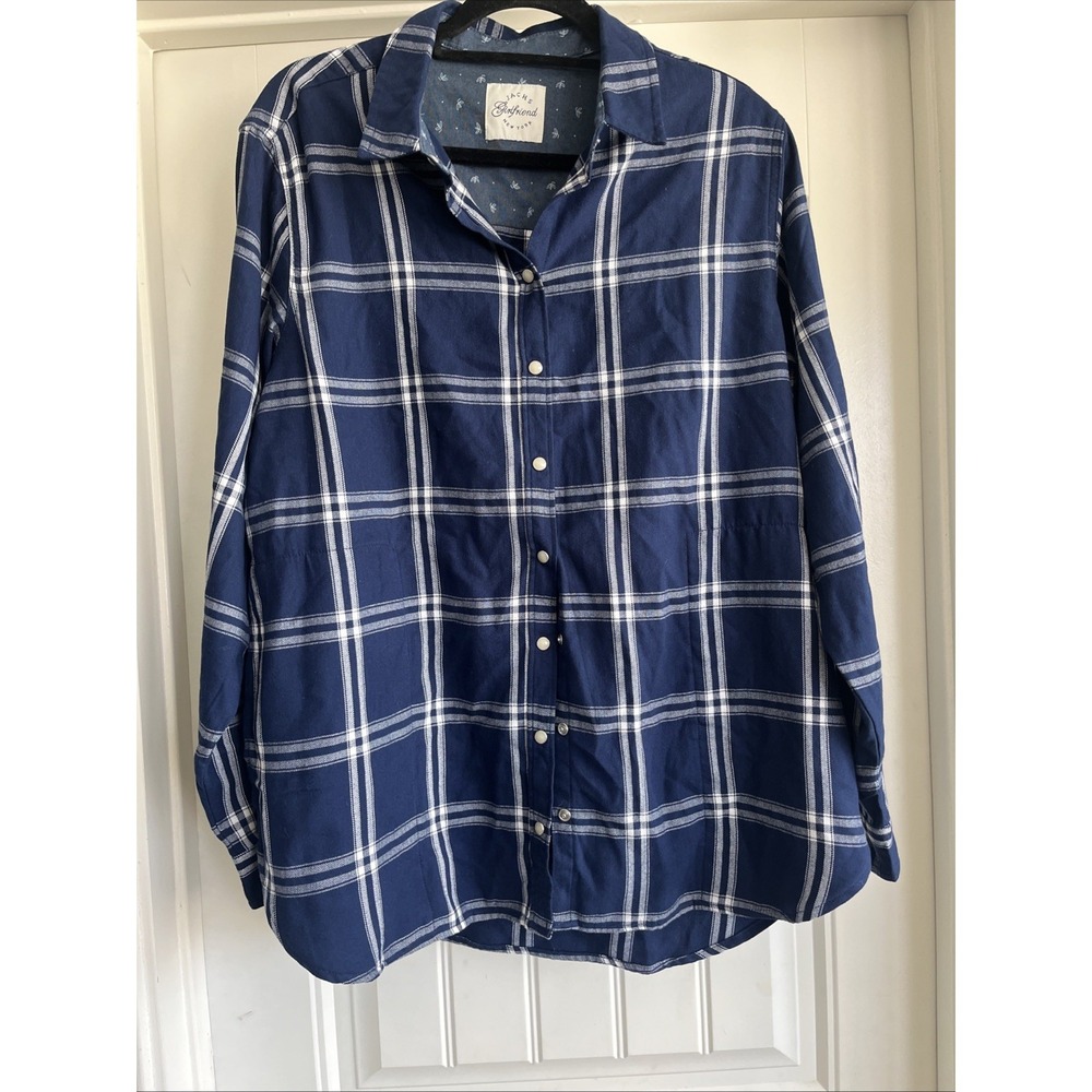 JACHS Girlfriend Flannel Shirt Womens L Navy Blue Plaid Pearl Snap Roll Tab